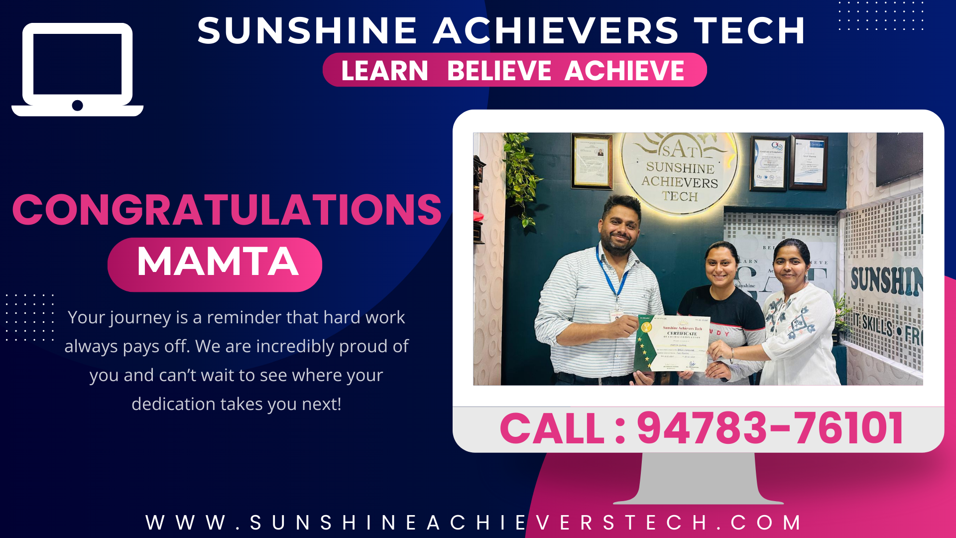 Mamta mastering computer skills with confidence after completing her course at Sunshine Achievers Tech.