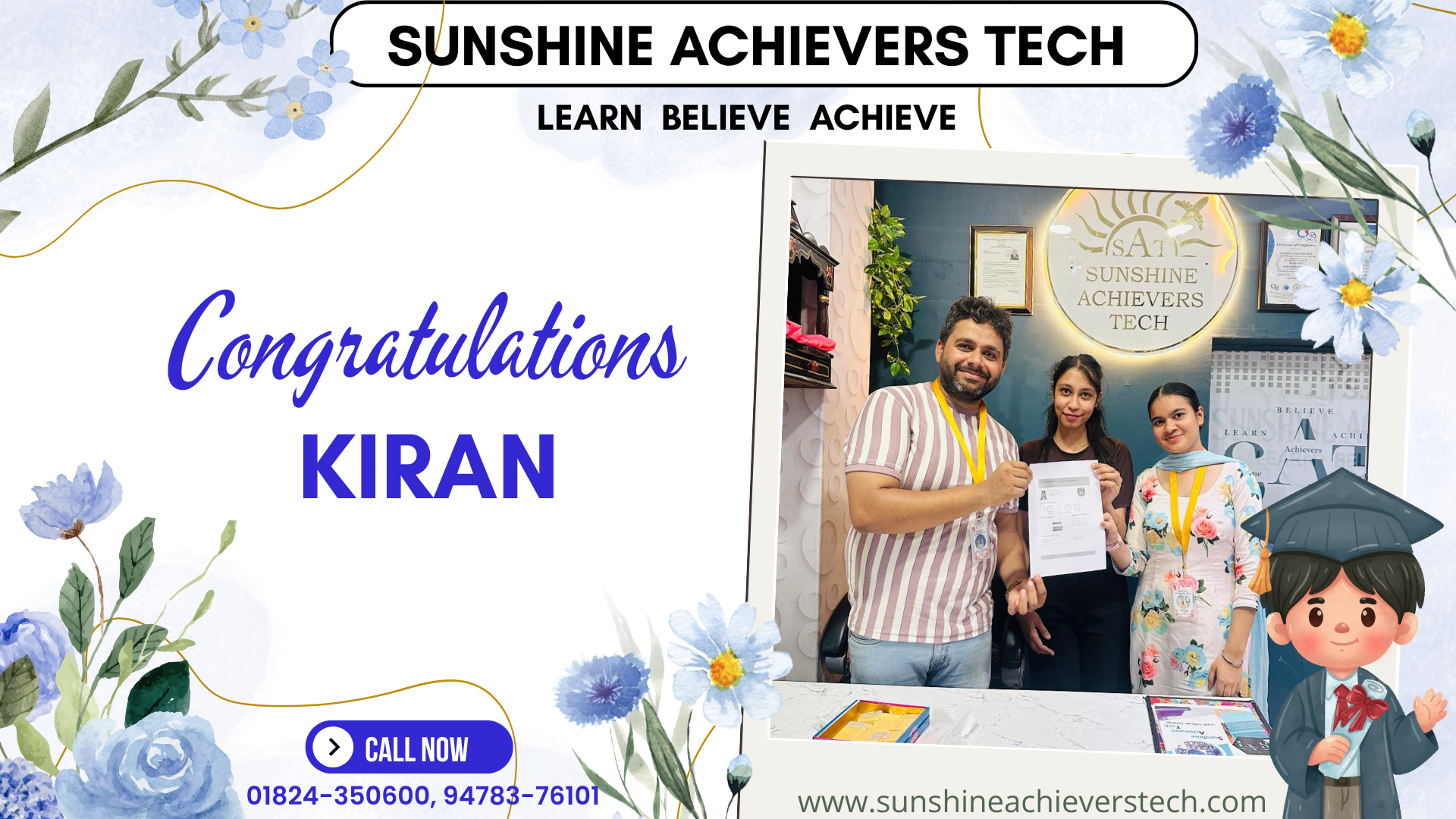 Congratulations to Kiran for achieving an impressive PTE score – A proud moment for Sunshine Achievers Tech and a step closer to her dreams.