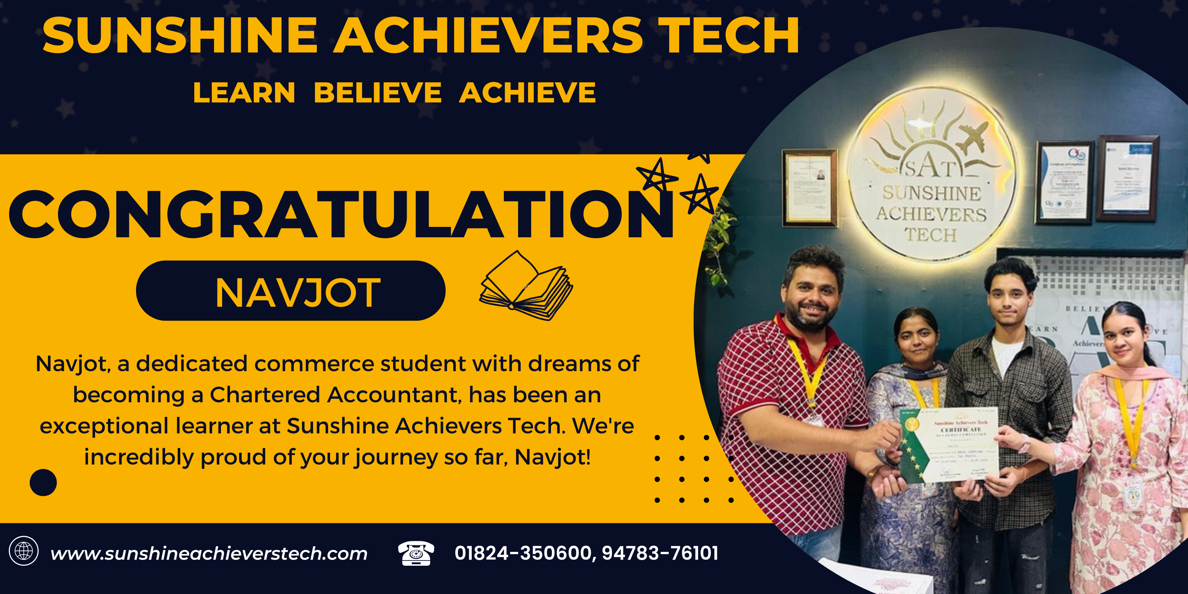 Navjot, a hardworking commerce student at Sunshine Achievers Tech, proudly completes his Spoken English and Basic Computer courses, aiming to become a successful Chartered Accountant.