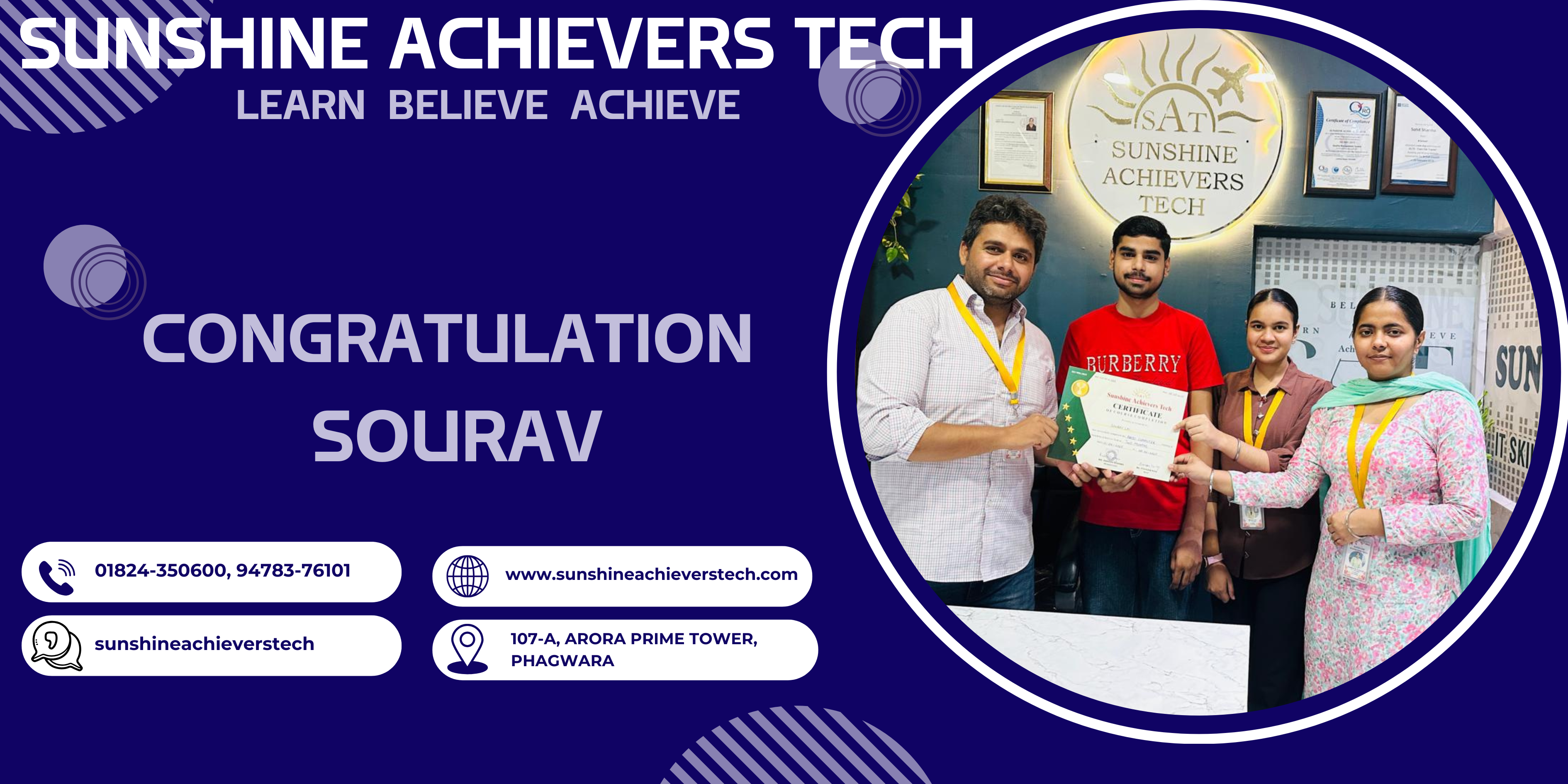 Sourav completing his basic computer course at Sunshine achievers tech
